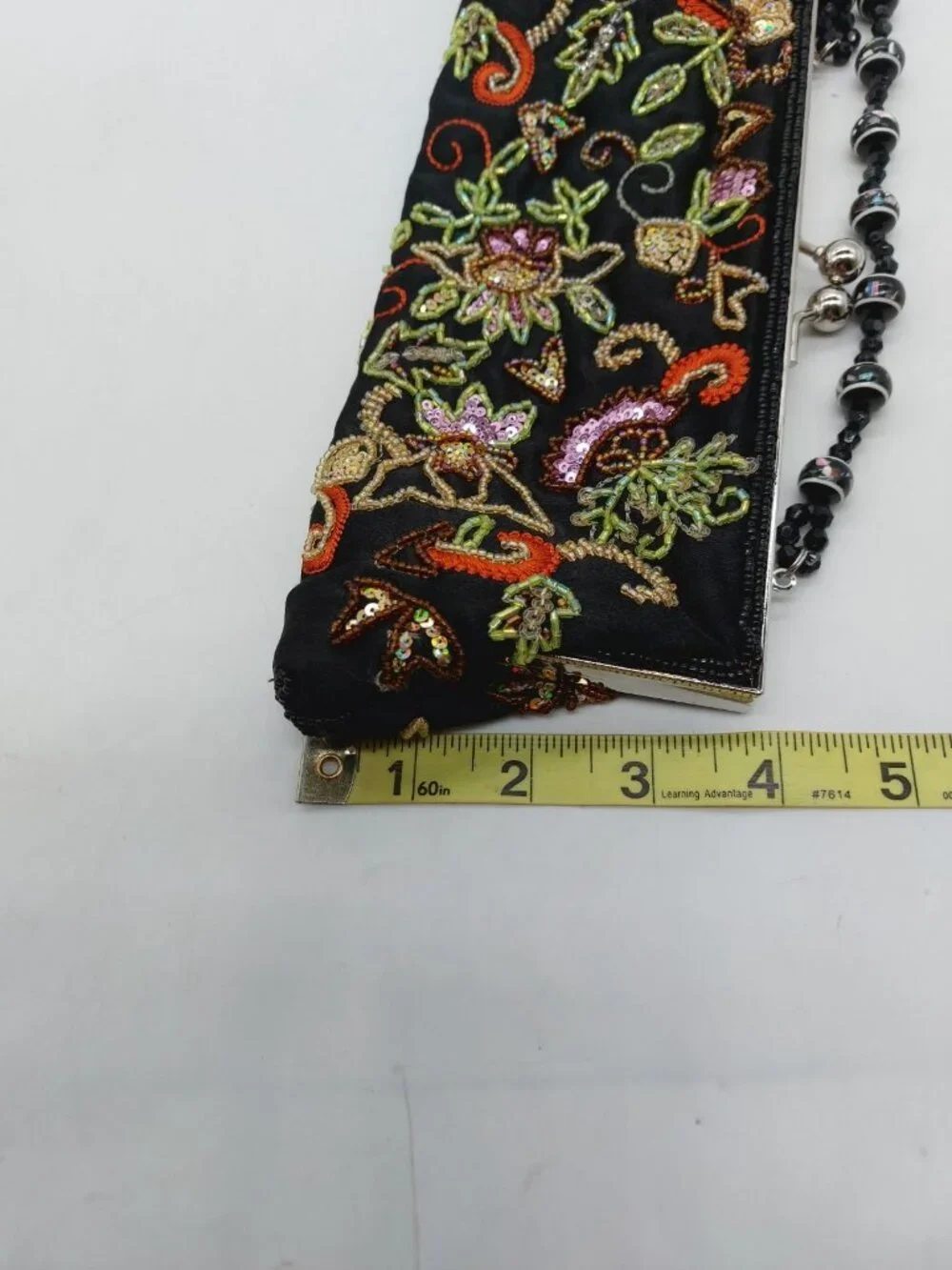 Beaded Purse Bag Handbag Kiss Clasp Black Floral Multicolor
